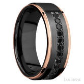 8 mm wide/Flat Grooved Edges/Zirconium band with a Half Eternity arrangement of 03 carat Round Black Diamond stones in a Bead setting and featuring two 1 mm Edge inlays of 14K Rose Gold